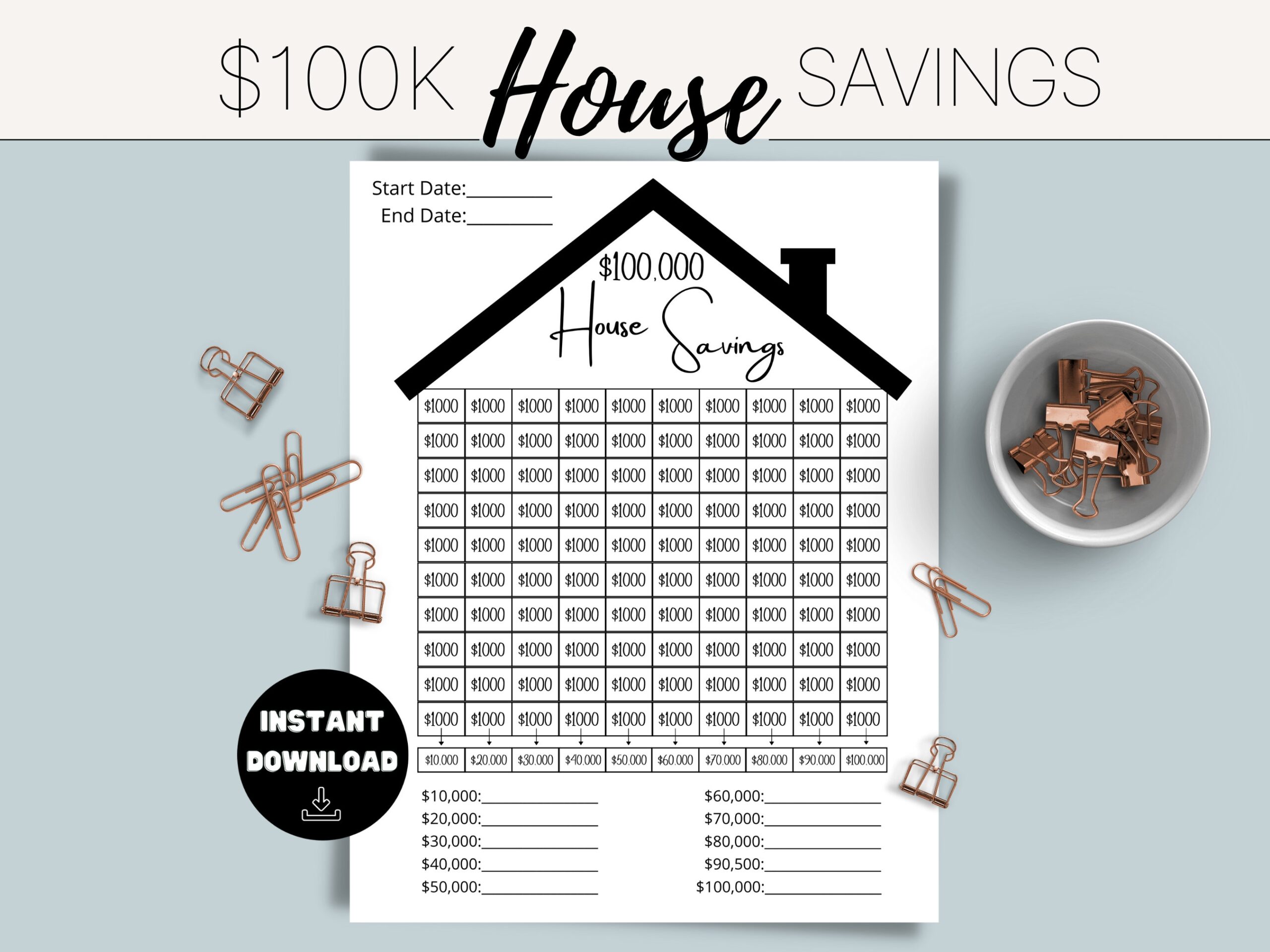 100k House Savings Challenge Tracker Printable PDF Etsy