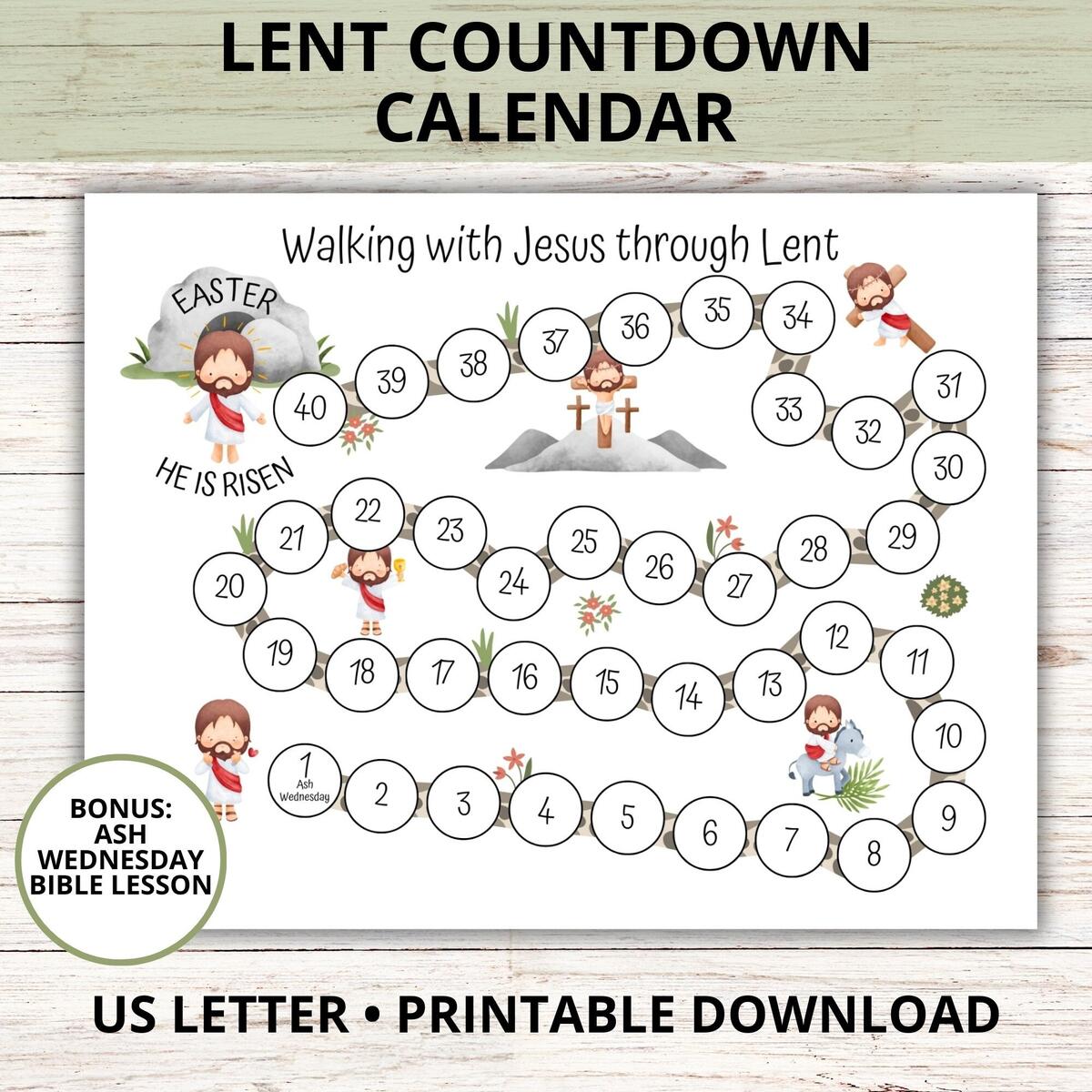 40 Days Lent Countdown Calendar For Kids 2025 40 Days Lenten Calendar Ash Wednesday Bible Lesson Catholic Lenten Countdown For Kids Etsy