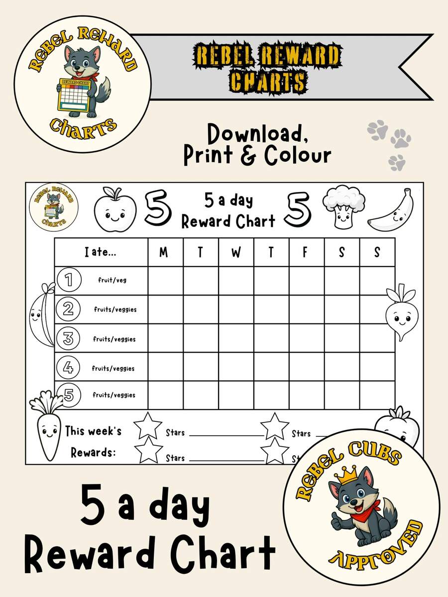5 A Day Reward Chart Colour Your Own Printable For Kids Fruit Veg Tracker Rebel Cubs Approved A4 Download Etsy UK