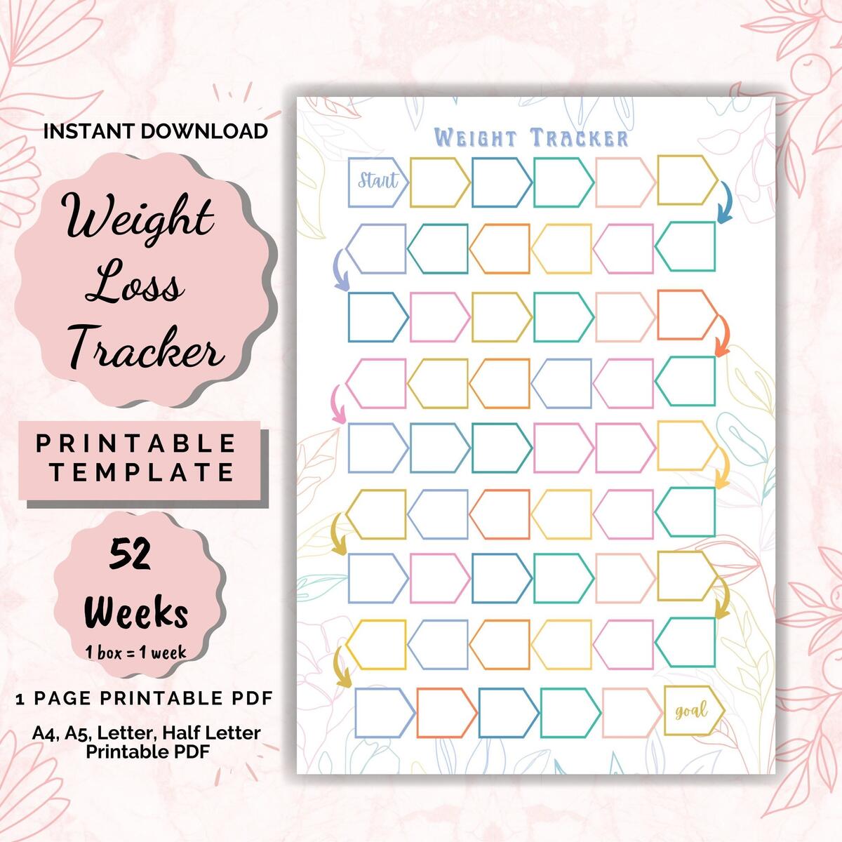 52 Week Weight Loss Tracker Printable Motivational Chart PDF Etsy