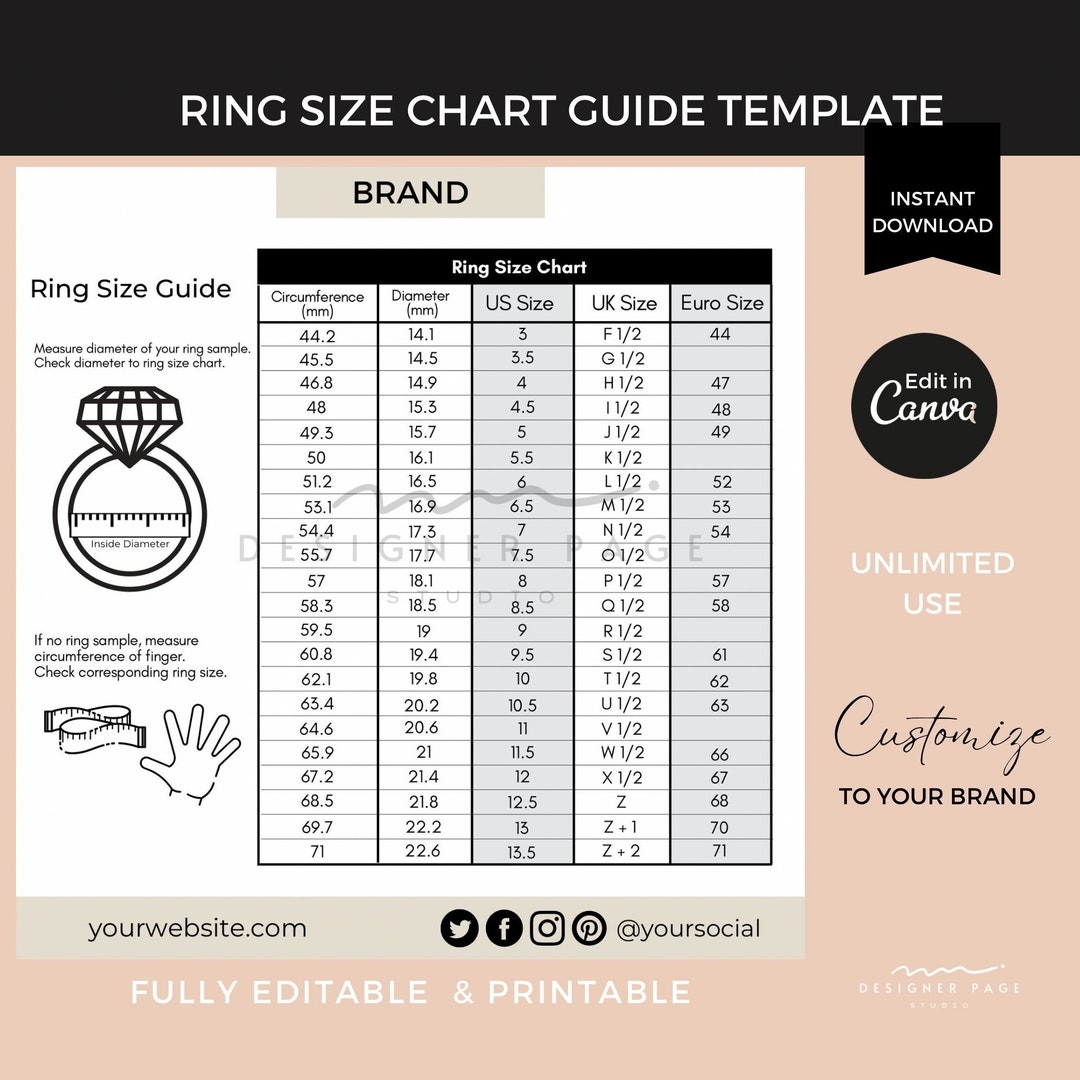 Bracelet Size Chart Template Editable Printable Jewelry Accessory Length Guide Card Custom Canva Template For Business Social Media Shop Etsy