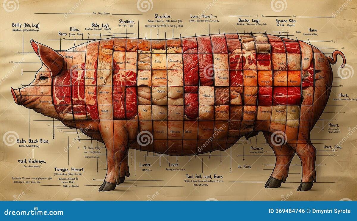 Butcher S Diagram Of A Pig With Detailed Meat Cuts Stock Illustration Illustration Of Anatomy Carcass 369484746