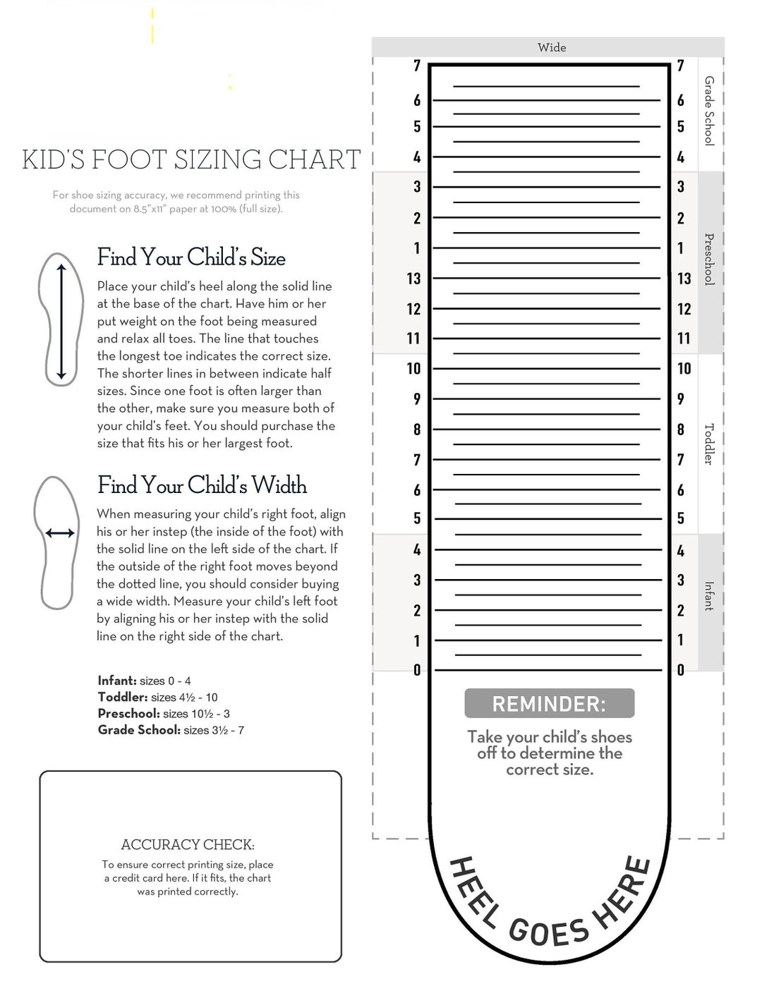 Chart Template Printable Baby Shoe Size Chart Kids Foot Sizer Chart Toddler Child Shoe Size Determiner