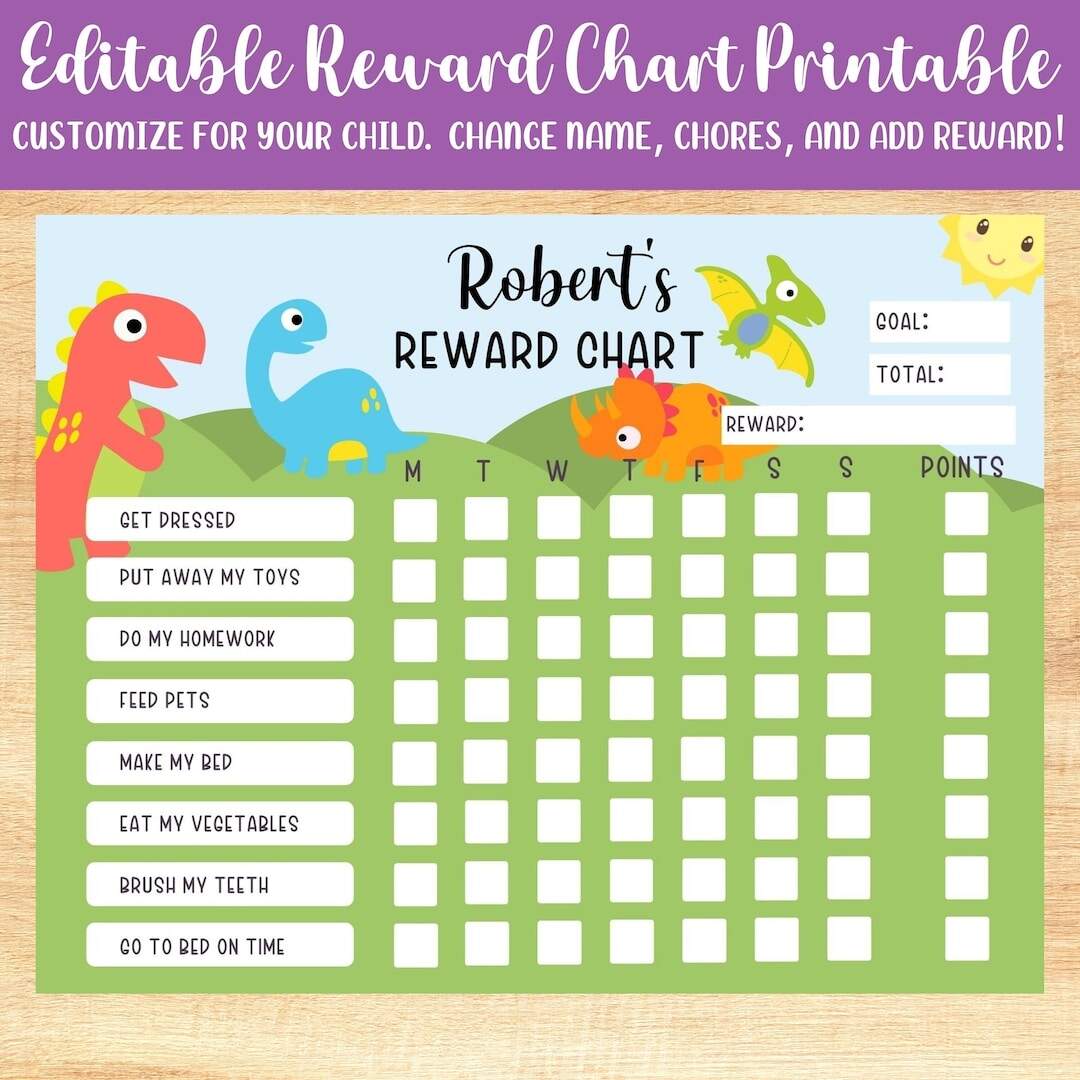 Chore Chart For Kids Printable Dinosaur Reward Behavior Responsibility Chart Editable Template Etsy