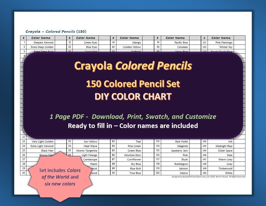 Crayola 150 Colored Pencil Set PDF DIY Color Chart Swatch Sheet Etsy
