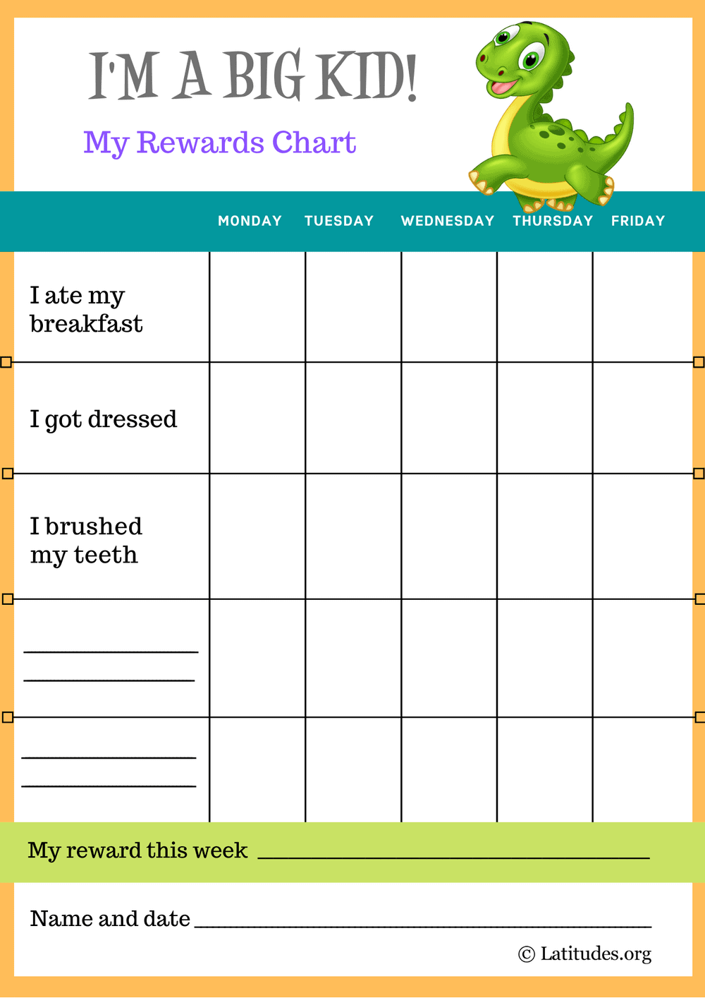 Dinosaur I M A Big Kid Self Care Reward Chart ACN Latitudes