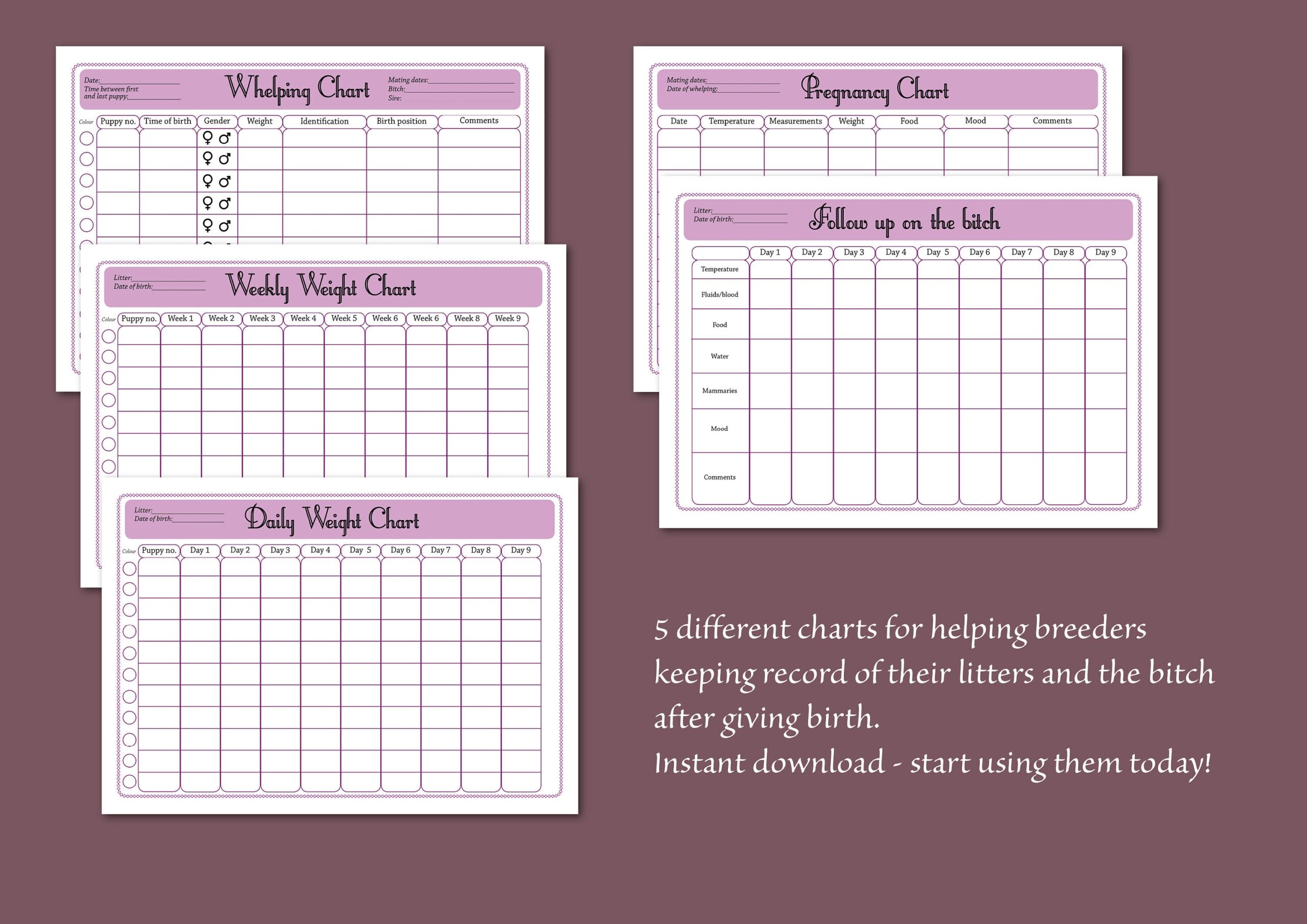 Downloadable Dog Breeder Charts Record Your Litter The Whelping And The Pregnancy Of Your Dog Pink Etsy
