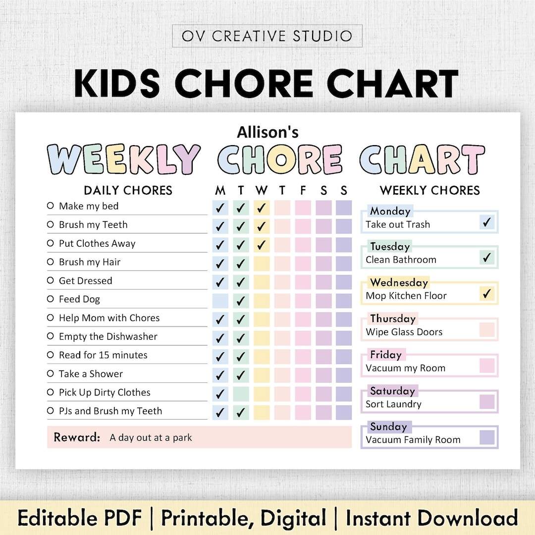 Editable Chore Chart For Kids Printable Kids Daily Weekly Responsibility Chart Kids Chore List Kids Daily Routine Checklist PDF Etsy Denmark