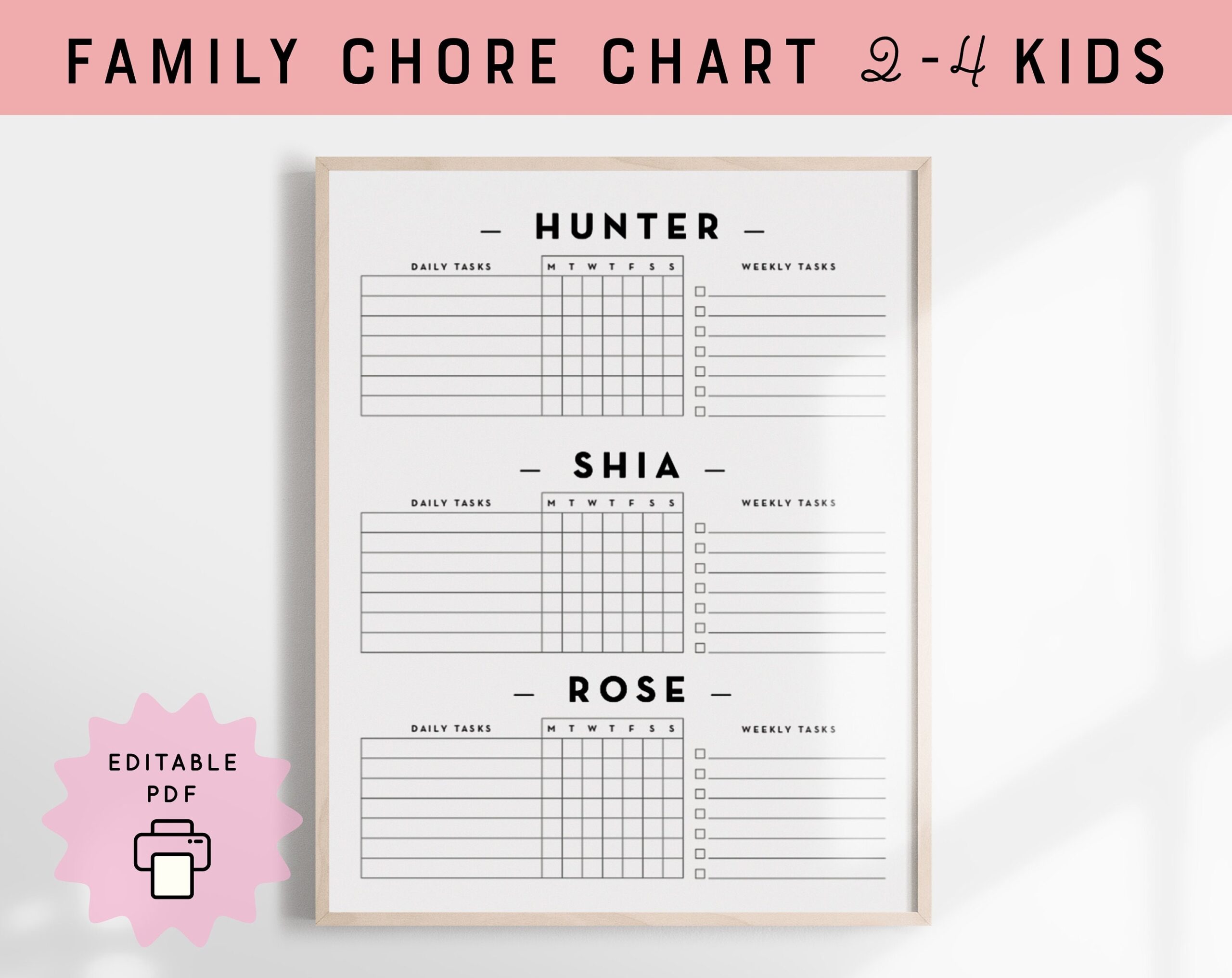 Editable Family Chore Chart 2 4 Kids Weekly To Do Digital Download Etsy