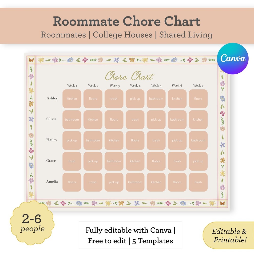 Editable Roommate Chore Chart College Apartment Cleaning Schedule Printable PDF Canva Template Etsy
