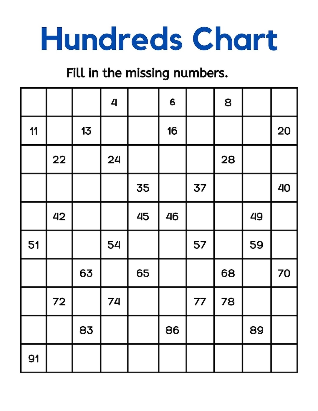Fill In The Missing Numbers 100 Chart Digital Printable Etsy Sweden
