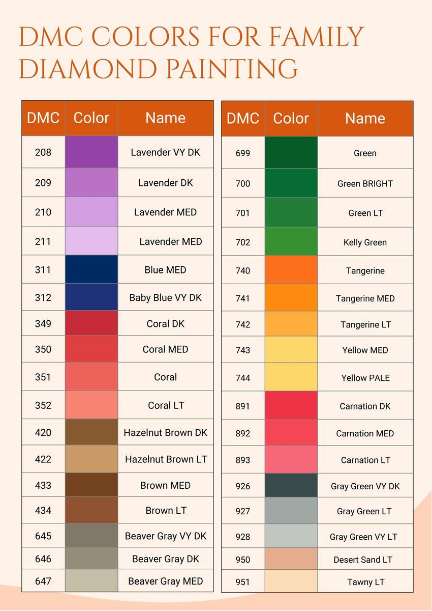 Diamond Painting DMC Color Chart In Illustrator PDF Download Template