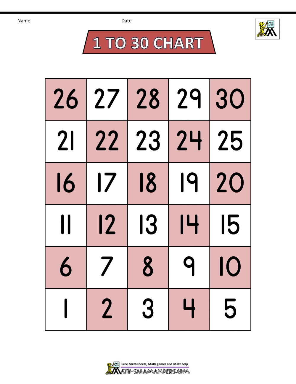 Free Number Chart 1 30 Free Number Chart 1 30