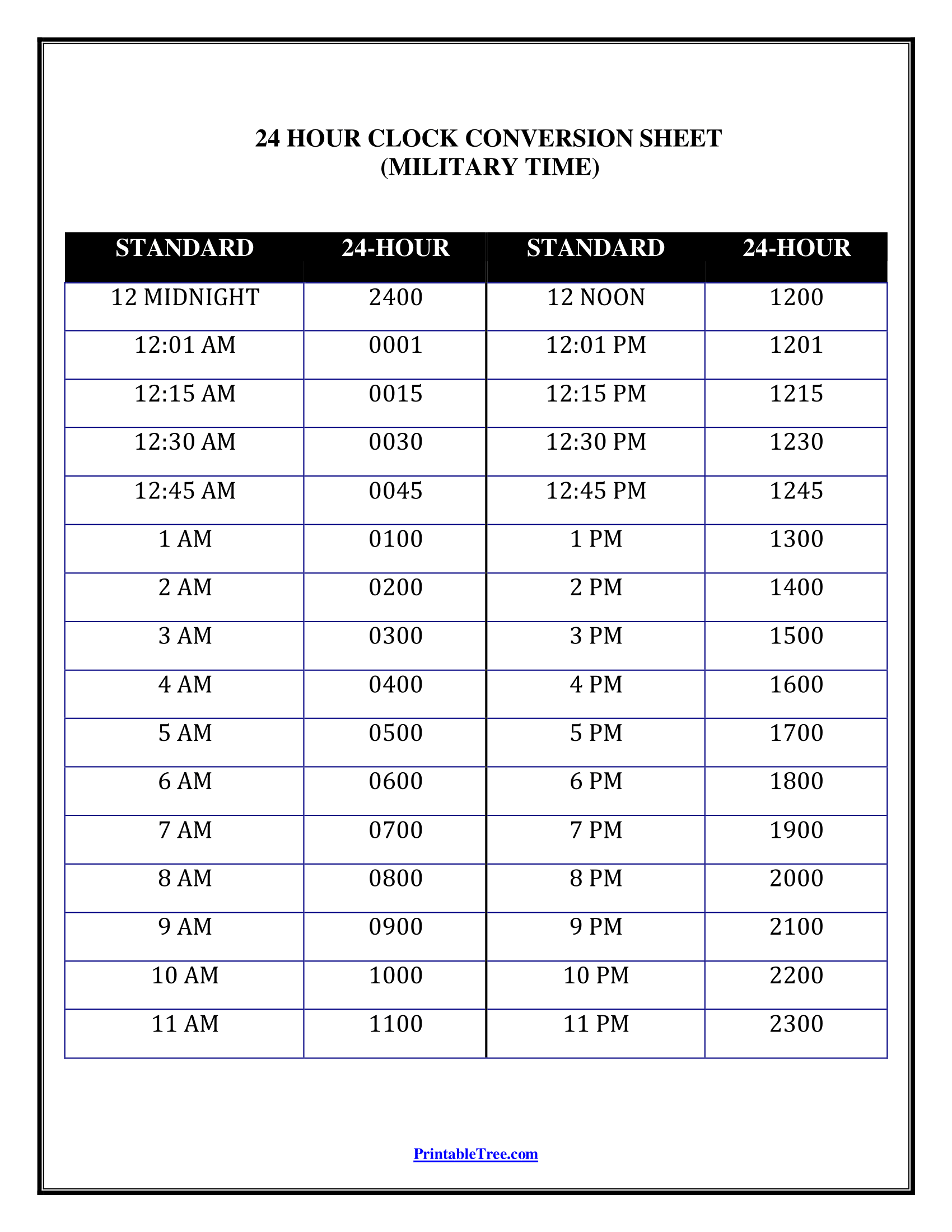 Free Printable Military Time Chart Templates Printable Tree