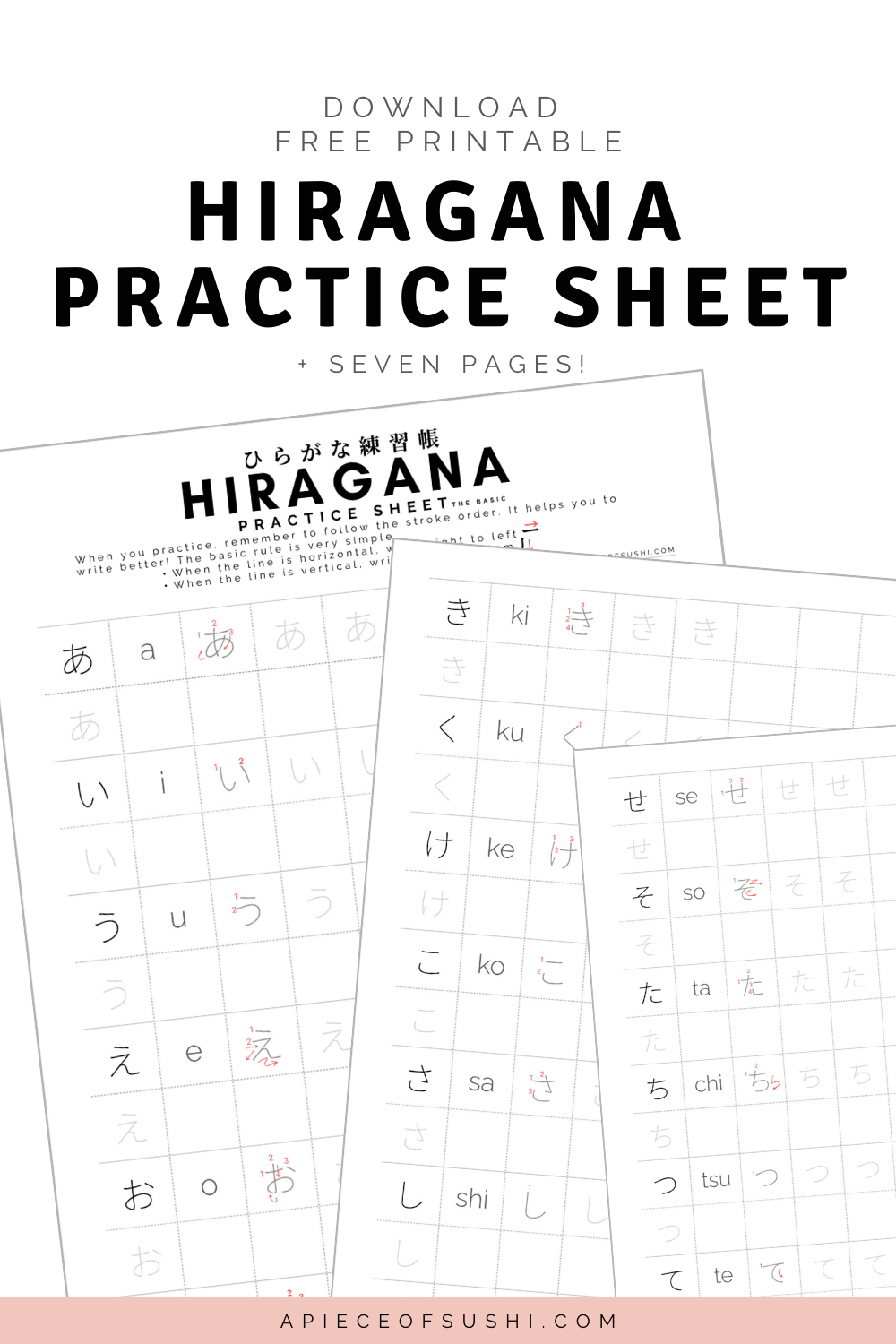 Hiragana Practice Sheet Download 7 Pages Workbook Printable PDF A PIECE OF SUSHI