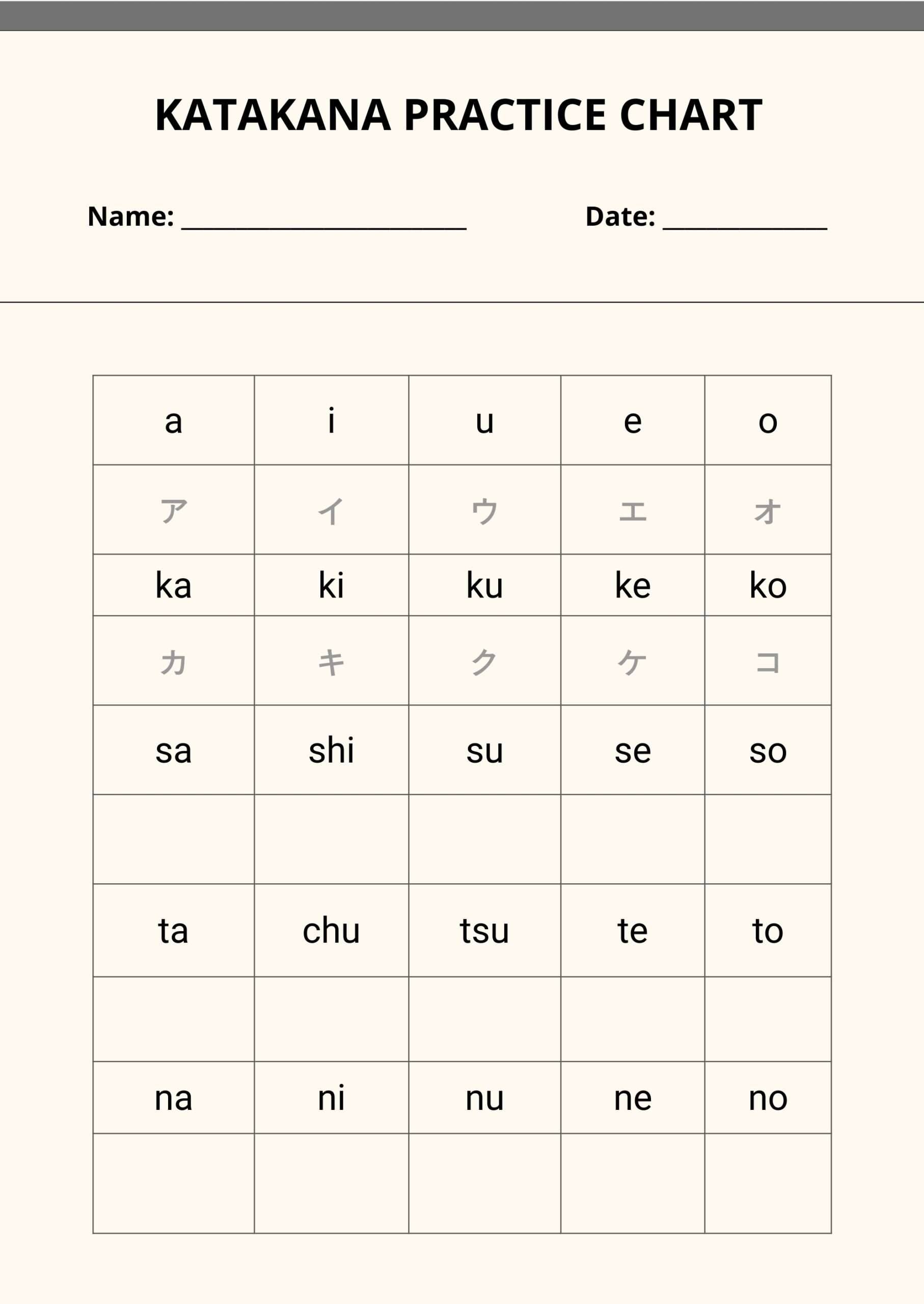 Katakana Practice Chart In Illustrator PDF Download Template