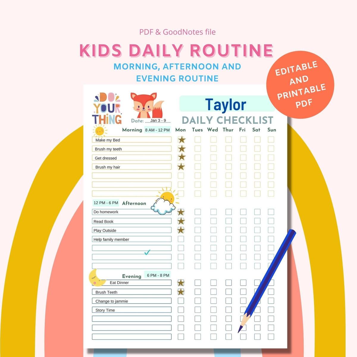 Kids Daily Routine Chart ADHD Planner Printable Planner Fox Theme Etsy