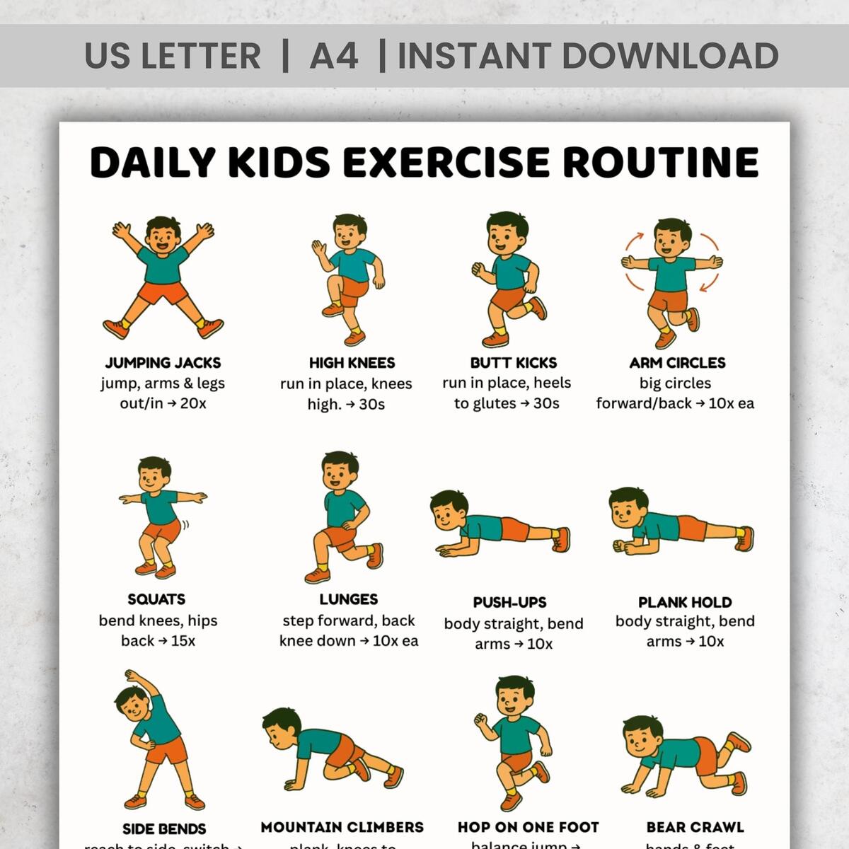 Kids Exercise Chart Printable 16 Daily Workout Moves Poster Kids Fitness Routine PDF A4 US Letter Classroom PE Homeschool Decor Etsy Israel