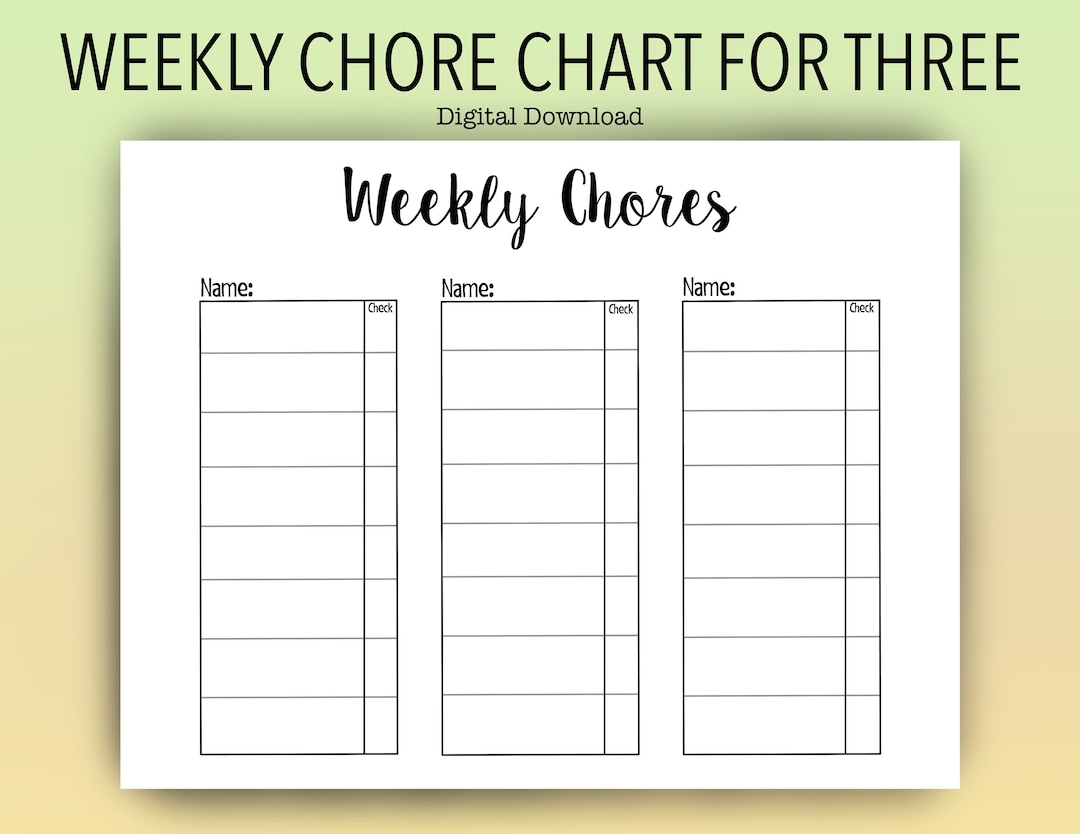 Kids Printable Chore Chart For Three People Weekly Chores Blank Reward Chart Etsy