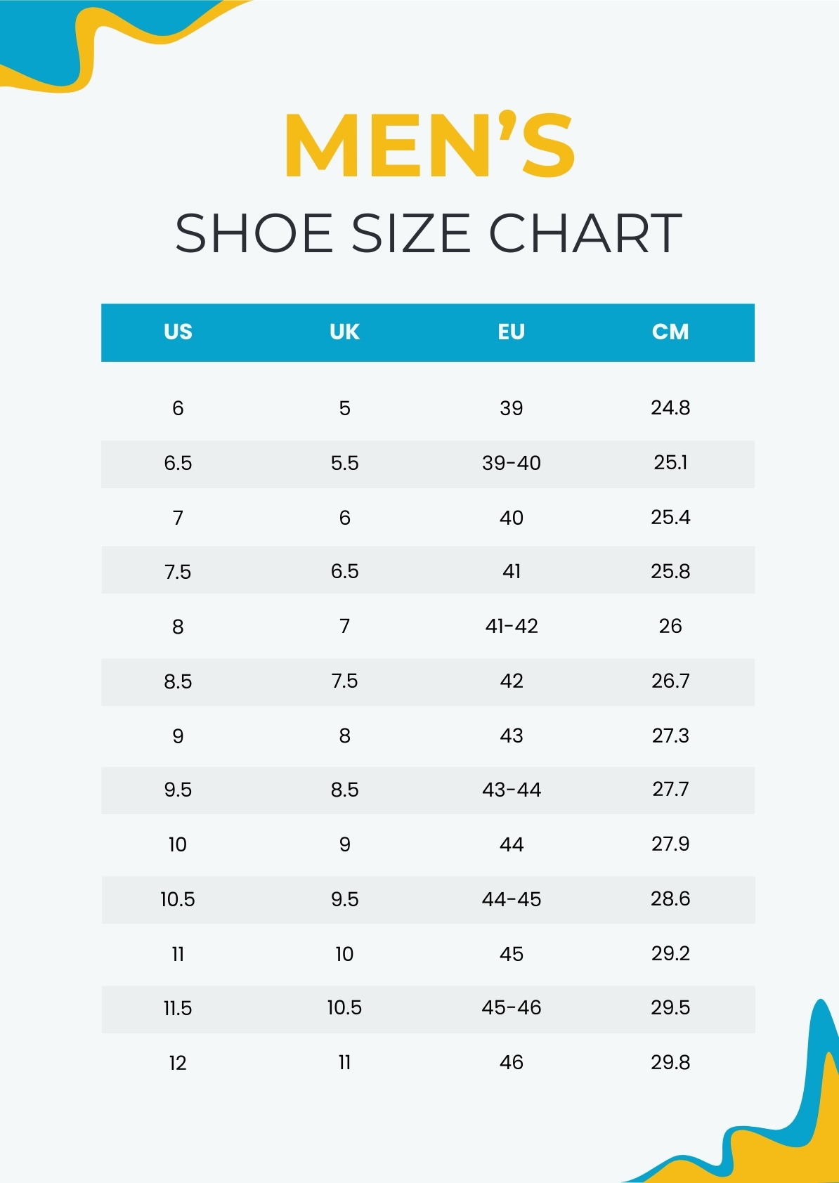 Men S Shoe Size Chart In Illustrator PDF Download Template