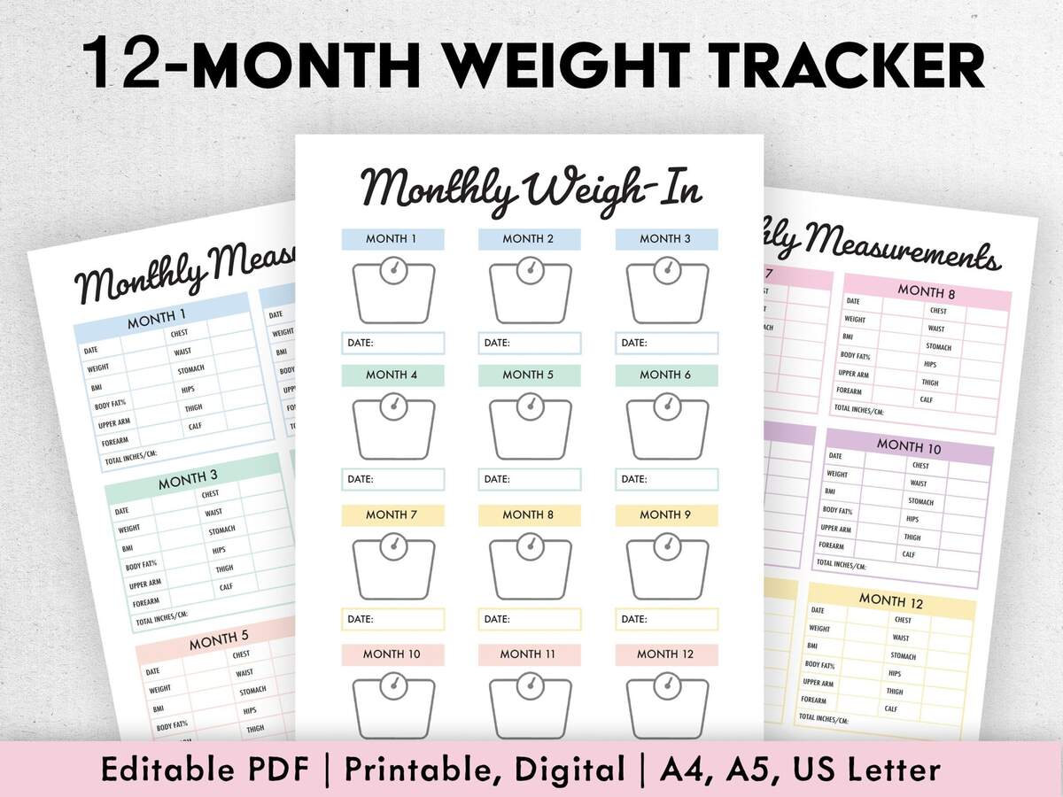 Monthly Weight Loss Tracker Printable Digital Editable PDF 12 Month Weight Journal One Year Weight Gain Loss Weight Measurement Chart Etsy
