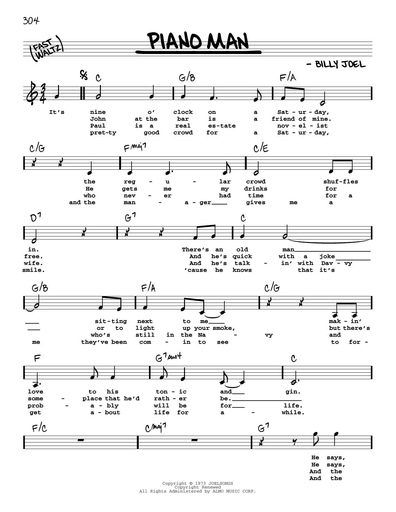 Piano Man By Billy Joel Sheet Music For Real Book Melody Lyrics Chords At Sheet Music Direct