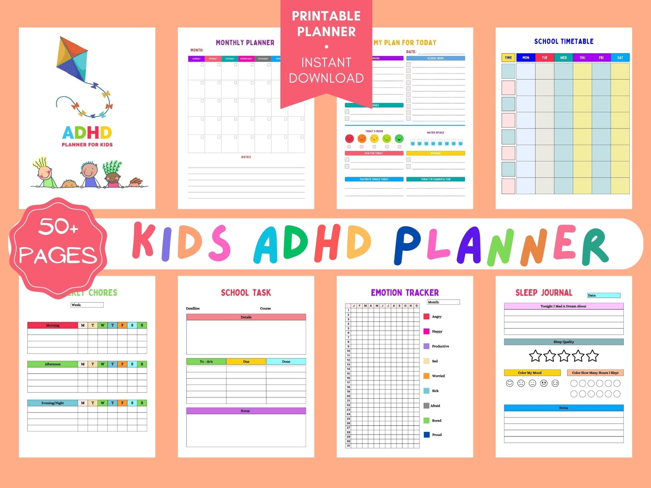 Printable ADHD Planner For Kids School Chore Charts digital Download Etsy