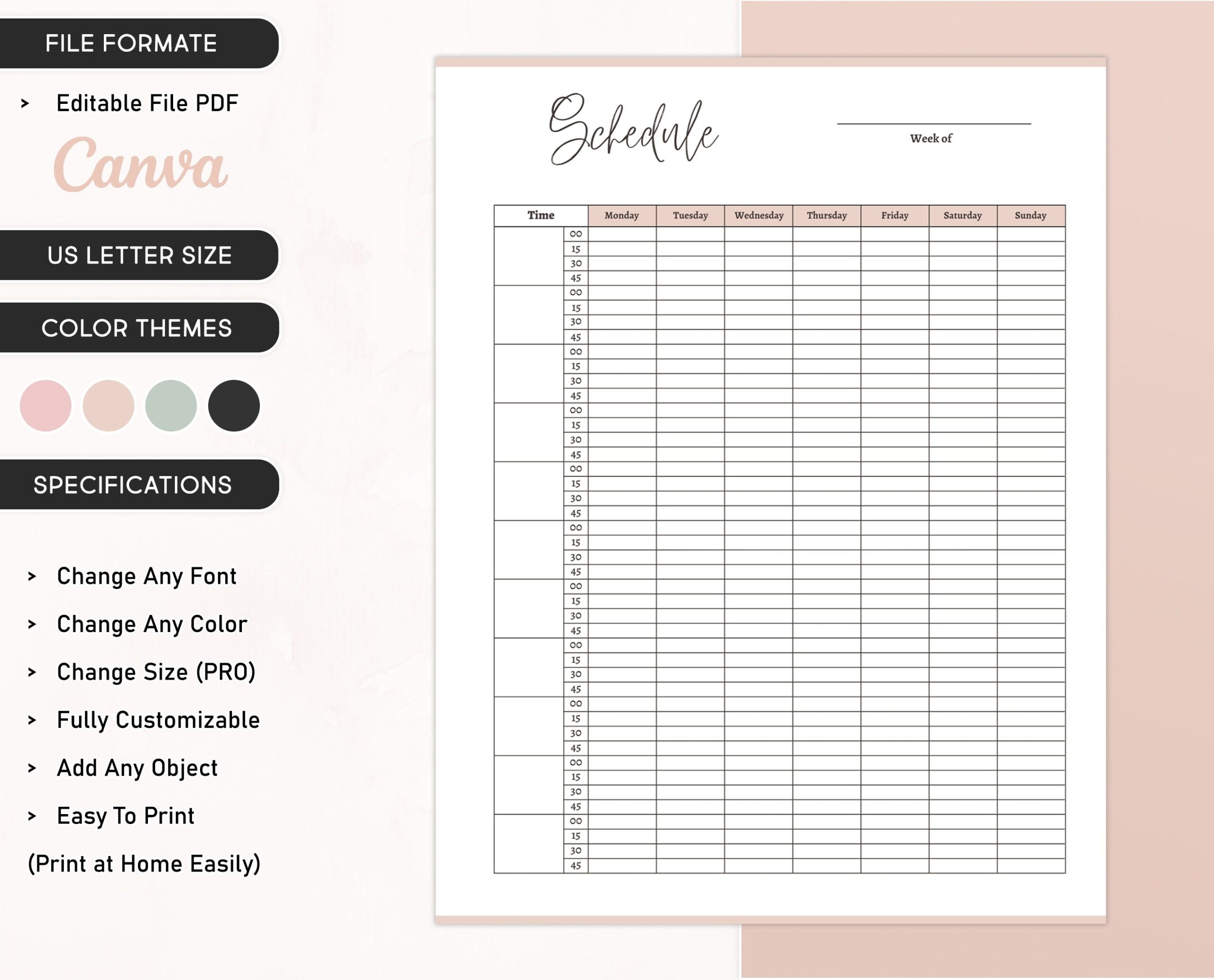 Printable Schedule 15 Minute Interval Planner Editable Daily Schedule Daily Agenda Blank Hour Work Schedule Sheet Instant Download US Letter Etsy