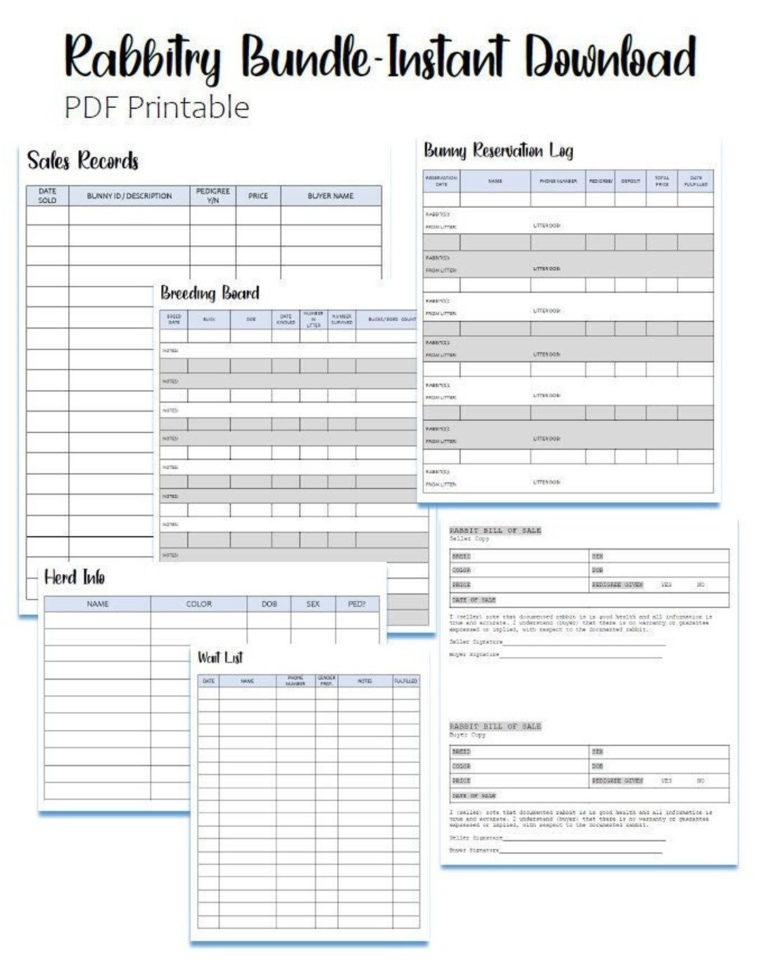 Rabbitry Record Keeping Bundle Printable Instant Download Pdf Etsy