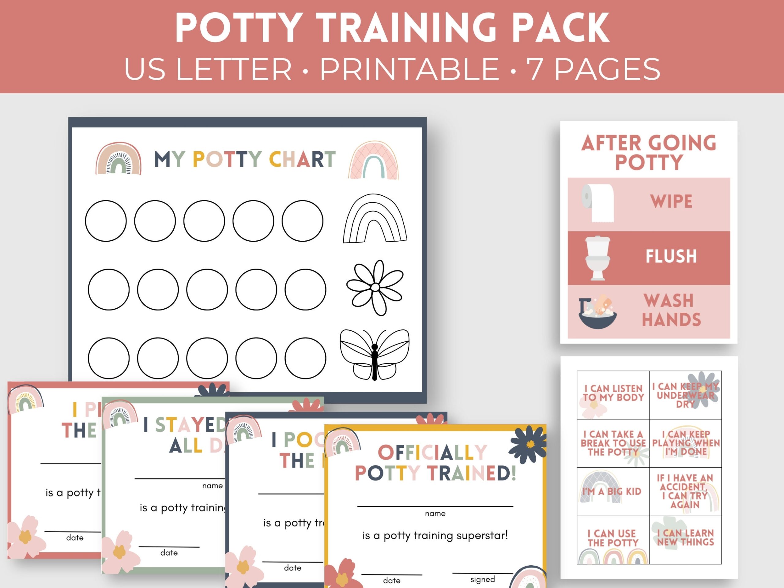 Rainbow Potty Training Printable Pack Potty Training Chart For Girls Potty Training Certificates Toddler Reward Chart Etsy