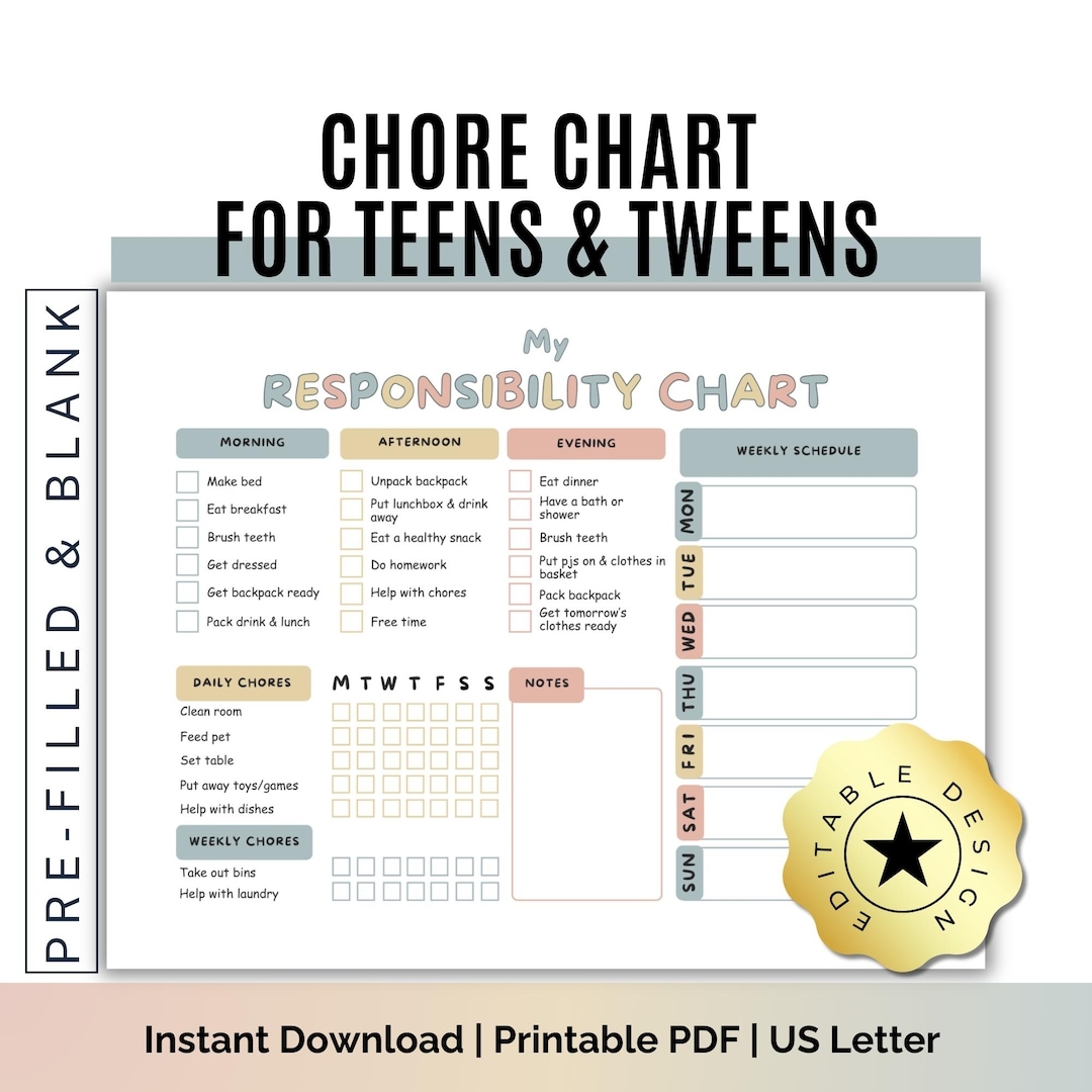 Teen Chore Chart Editable Responsibility Chart Daily Weekly Digital PDF Canva Template Etsy