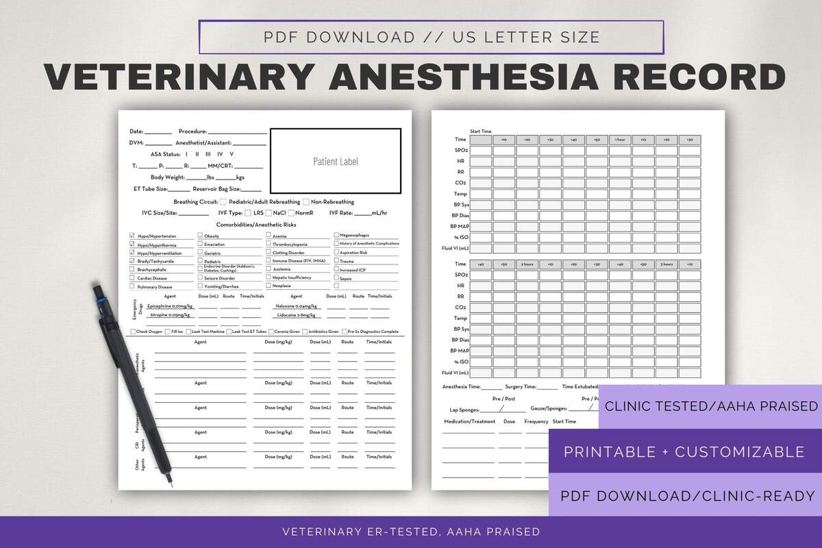Vet Anesthesia Monitoring Sheet Customizable Surgery Record PDF Etsy