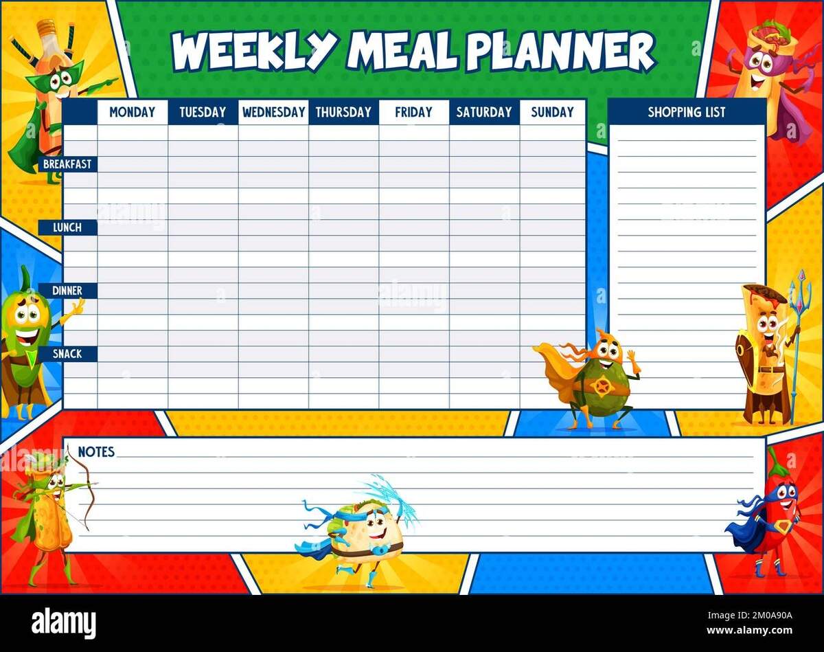 Weekly Meal Planner Superhero Mexican Tex Mex Food Characters Vector Timetable Week Food Plan Organizer Template With Tequila Jalapeno Enchiladas Burrito Tacos And Avocado Comics Personages Stock Vector Image Art